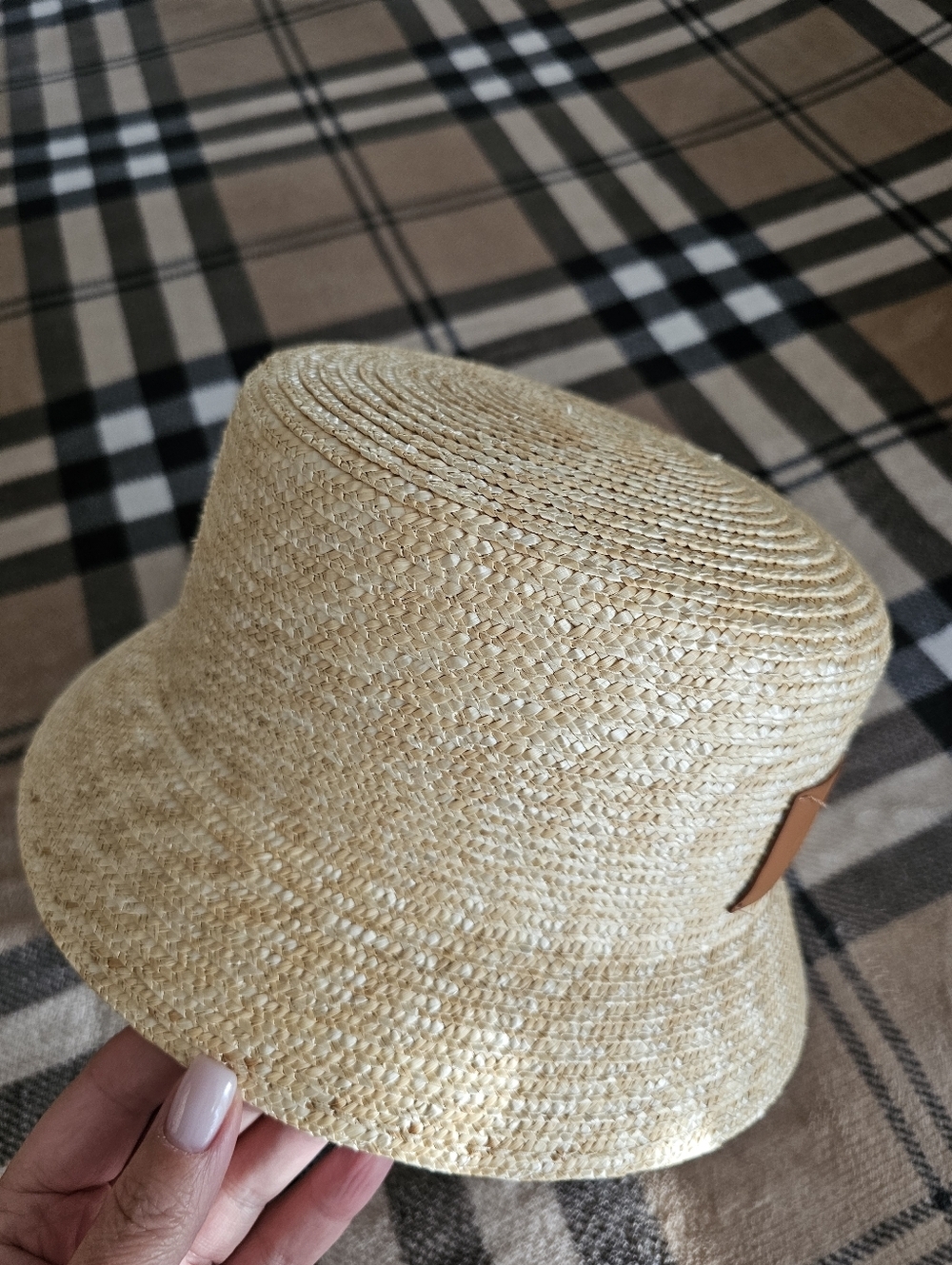 Straw Bucket Hat with Leather Patch - Natural - Picture 3 of 7